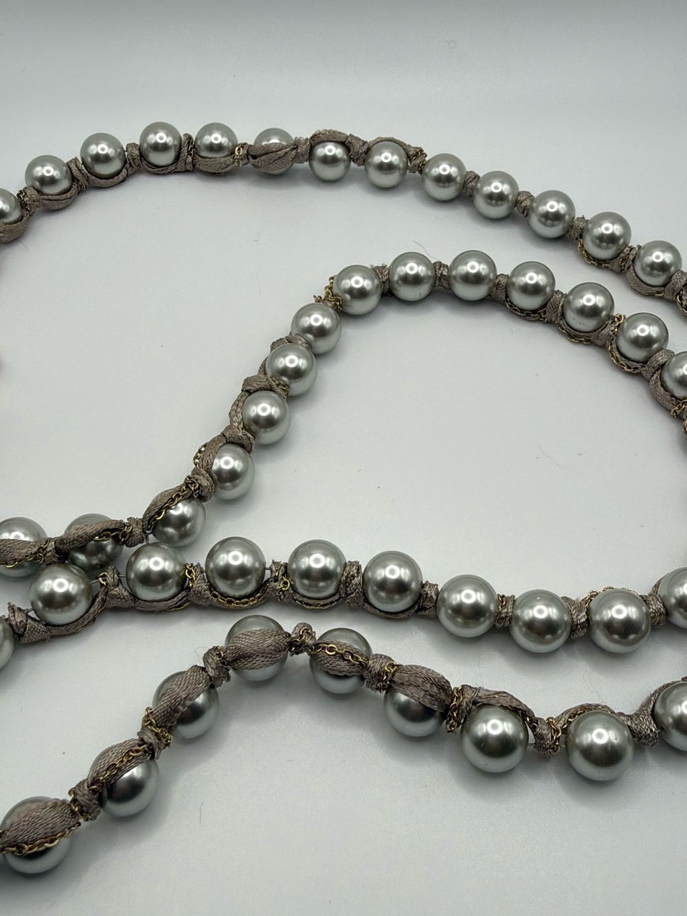 LOFT Silver Pearl Necklace with Taupe Ribbon Accents